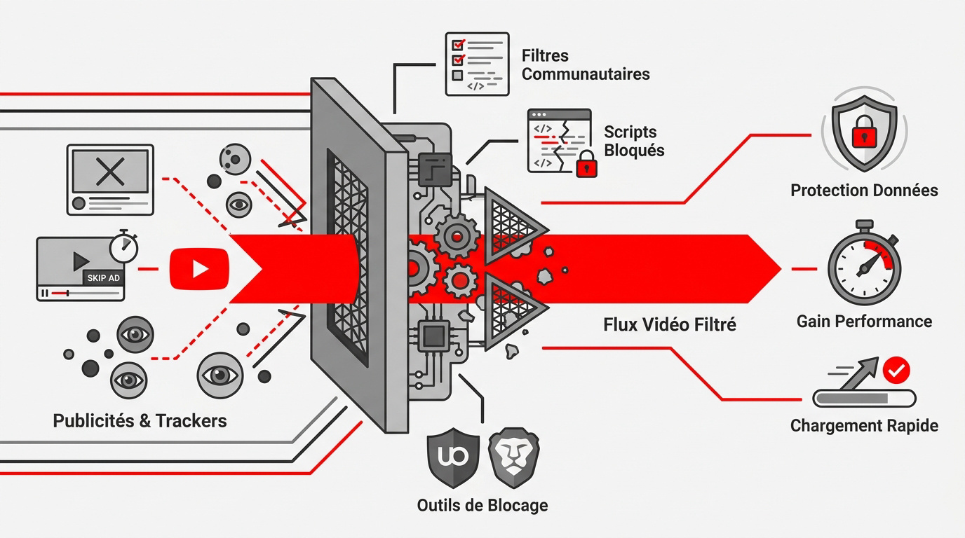Infographie expliquant le fonctionnement technique du blocage de publicités sur YouTube